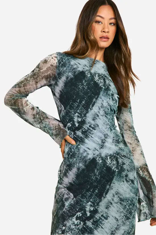 boohoo Tall Smudge Print Open Back Maxi Dress