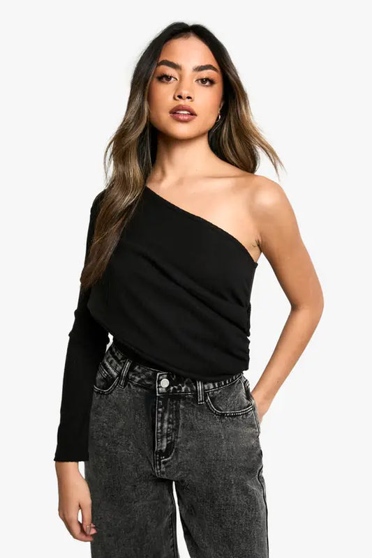 boohoo Mega Rib One Shoulder Drape Bodysuit