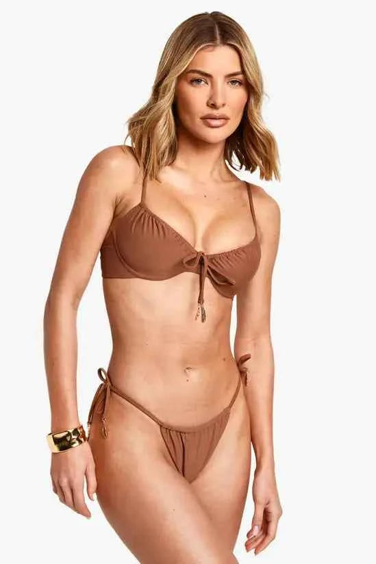 Boohoo Feather Charm Trim Tie Side Bikini Bottoms