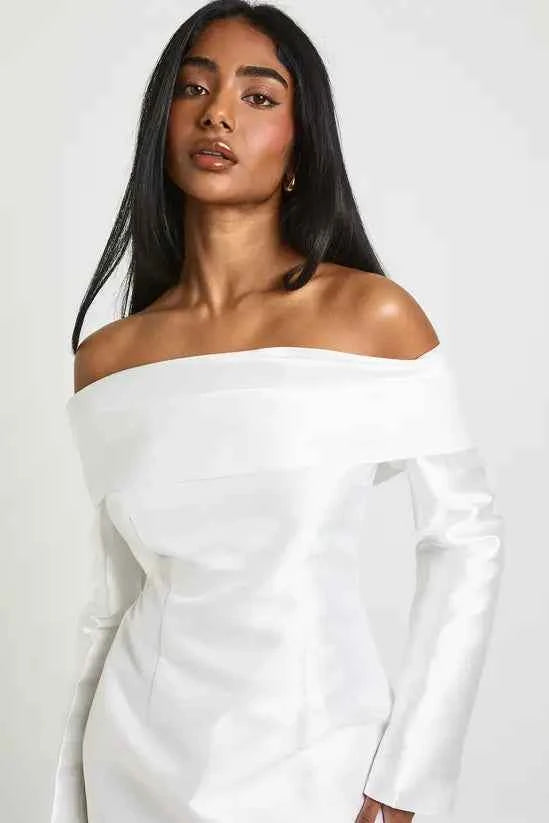 boohoo Satin Structured Bardot Mini Dress