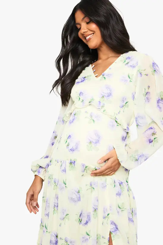 boohoo Maternity Chiffon Long Sleeve Pleated Waist Maxi Dress