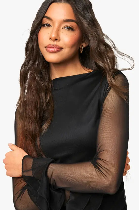 boohoo Mesh Flare Sleeve Mini Dress