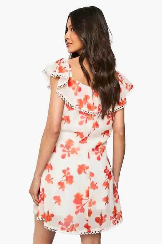boohoo Chiffon Floral Ruffle Bardot Mini Dress
