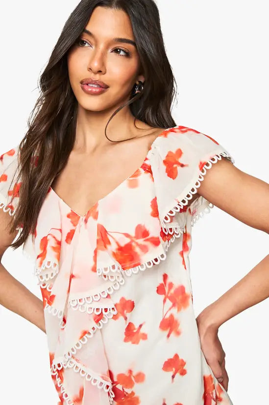 boohoo Chiffon Floral Ruffle Bardot Mini Dress