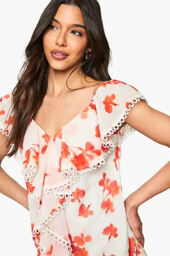 boohoo Chiffon Floral Ruffle Bardot Mini Dress
