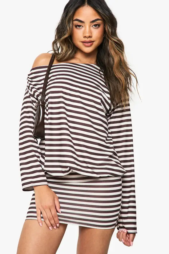 boohoo Stripe Off the Shoulder Long Sleeve Bodycon Mini Dress