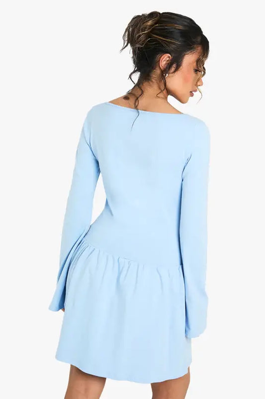 boohoo Square Neck Dropped Puff Ball Hem Mini Dress