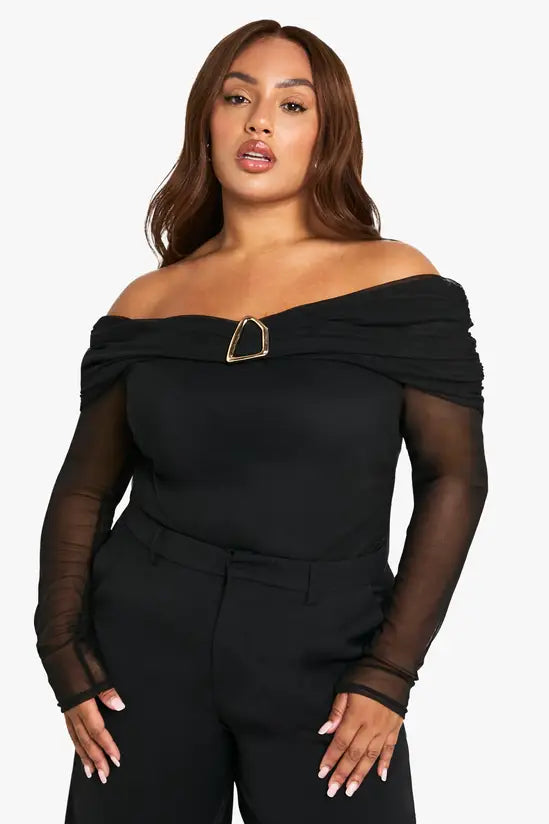 boohoo Plus Bardot Gold Trim Ruched Top