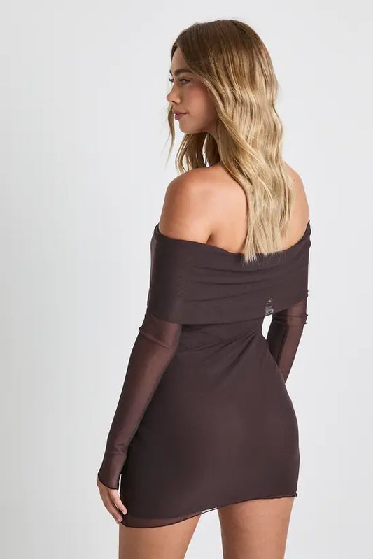 boohoo Mesh Twist Front Bardot Mini Dress