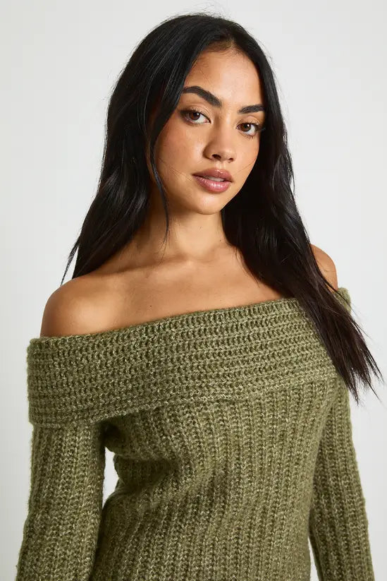 boohoo Chunky Knit Bardot Mini Dress