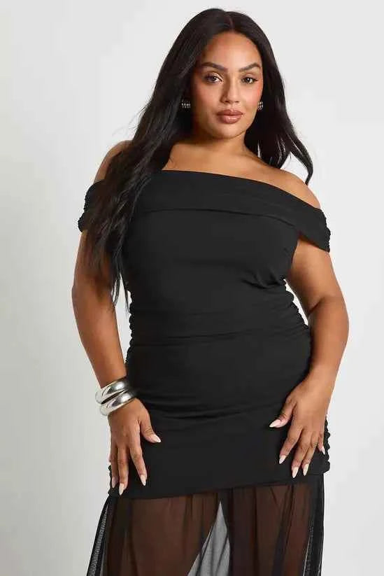 boohoo Plus Bardot Ruched Maxi Dress