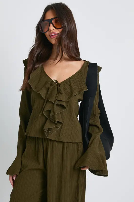 boohoo Crinkle Textured Blouse & Wide Leg Trouser Co-ord