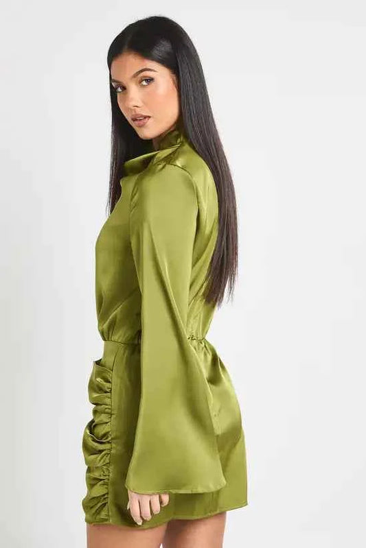 Boohoo Satin High Cowl Wrap Mini Dress