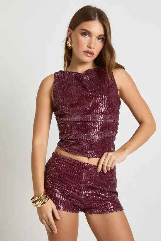 boohoo Sequin Ruched Side Sleeveless Tank Top
