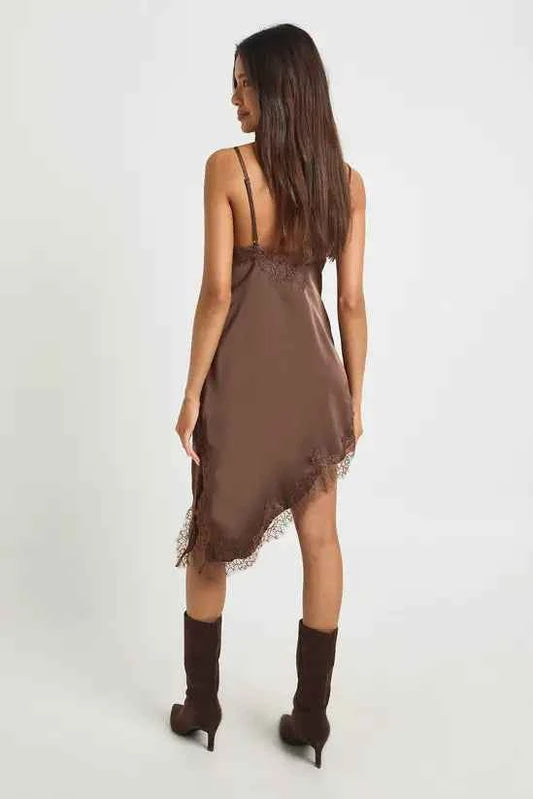 boohoo Lace Asymmetric Satin Slip Dress