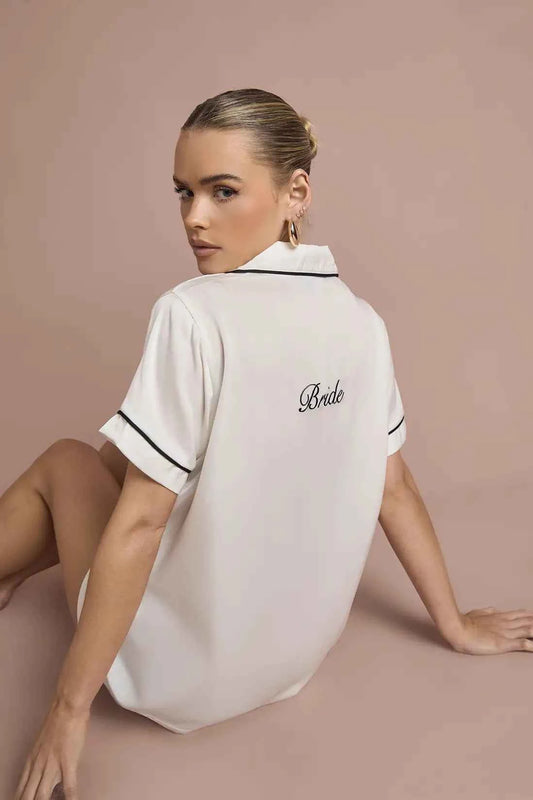 boohoo Bridal 'Bride' Satin Embroidered Short Sleeve Shirt & Short Pyjama Set