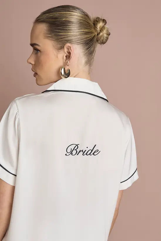 boohoo Bridal 'Bride' Satin Embroidered Short Sleeve Shirt & Short Pyjama Set