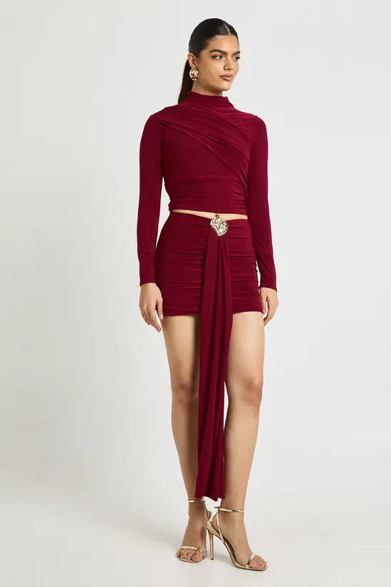 boohoo Double Layer Slinky High Neck Wrap Long Sleeve Top
