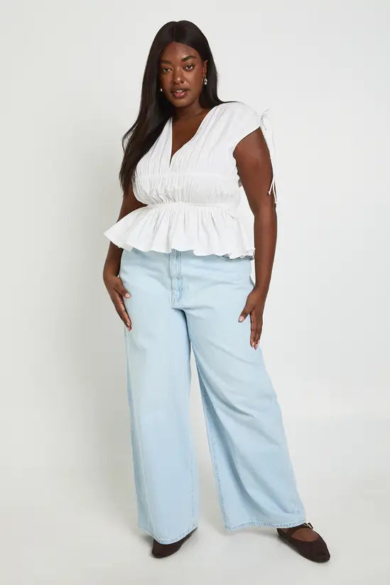 boohoo Plus Shirred Deep V Neck Poplin Top