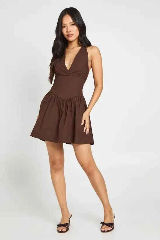 boohoo Petite Cotton Poplin Halter Neck Pleated Mini Dress