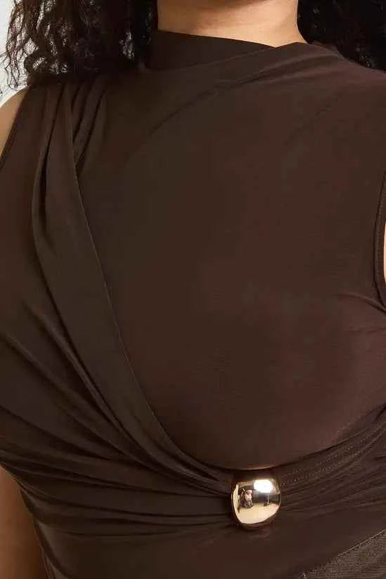 boohoo Plus Ruched Drape Gold Trim Sleeveless Bodysuit