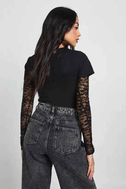 boohoo Lace Sleeved Baby Tee