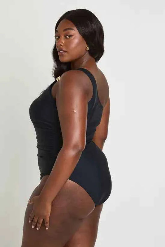 boohoo Plus Gold Trim One Shoulder Ruched Swimsuit