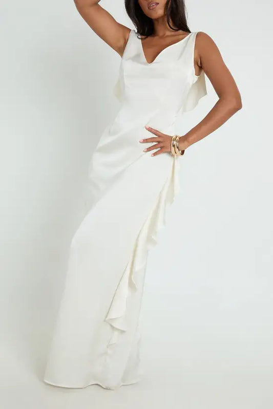 boohoo Matte Satin Ruffle Back Slip Dress