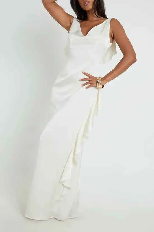 boohoo Matte Satin Ruffle Back Slip Dress