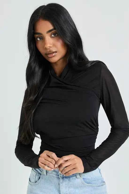 boohoo Sheer Textured Wrap Neck Long Sleeve Top