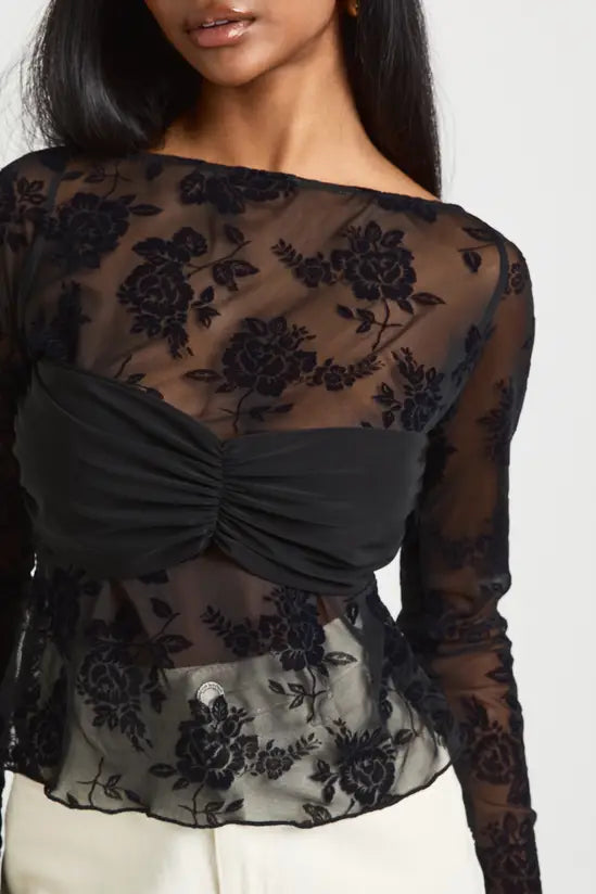 boohoo Floral Flocked Mesh Twist Front Crop Top