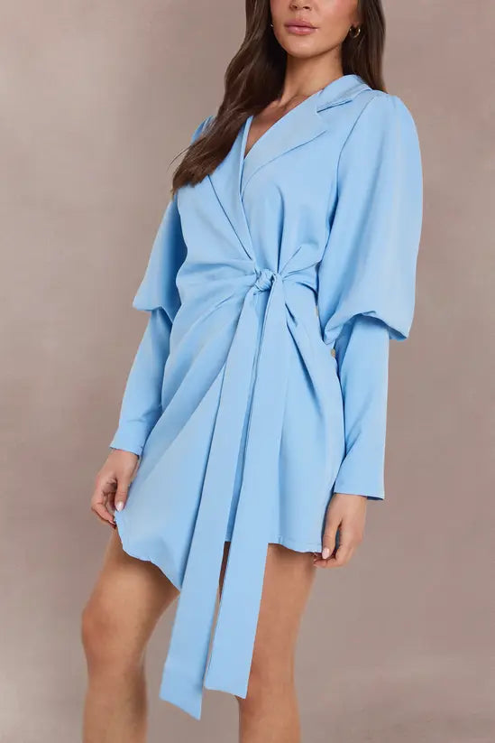 boohoo Volume Sleeve Tie Waist Blazer Dress