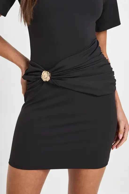 boohoo Slinky Cap Sleeve Gold Trim Wrap Waist Mini Dress
