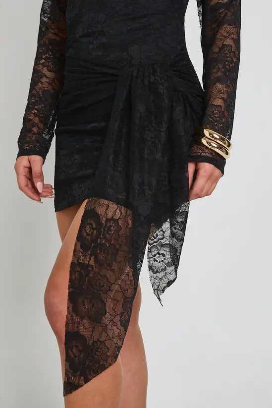boohoo Lace Plunge Front Tie Waist Bodycon Dress