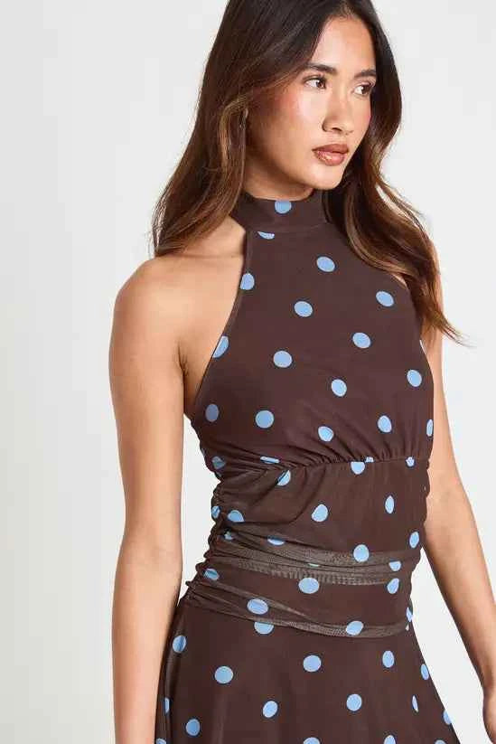 boohoo Polka Dot Printed Mesh Halterneck Cinced Waist Asym Hem Dress