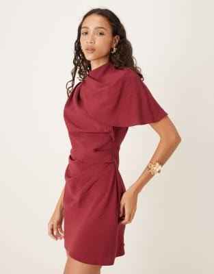 ASOS DESIGN high neck cape bodice mini dress with open back in burgundy
