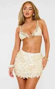 Ego - Mid Rise Embellished Disc Detail Mini Skirt In Cream Pearl