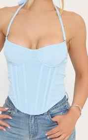EGO - Halterneck Dipped Hem Corset Top In Blue