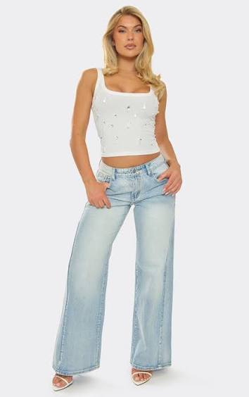 Ego - Scoop Neck Embellished Vest Top In White Rib