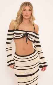 Ego - mid rise contrast maxi skirt and crochet top in black and stone knit Set
