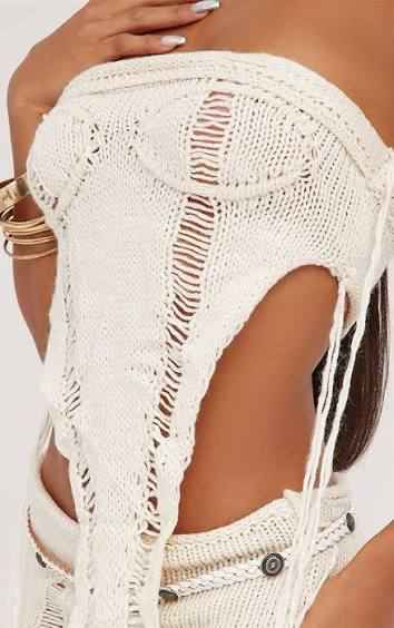Ego - Bandeau Distressed Ladder Detail Pointed Hem Corset Top And Split Leg Mini Skirt Co-Ord Set