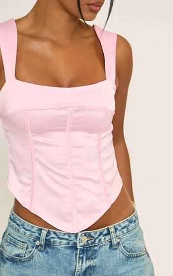 Ego - Square Neck Corset Top In Pink Satin