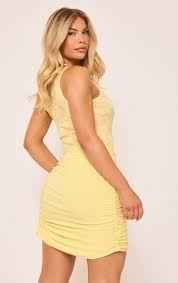 Ego - High Neck Keyhole Cut Out Trim Detail Ruched Mini Dress In Yellow Lace