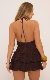 Ego - Halterneck Trim Detail Mini Dress In Brown Texture