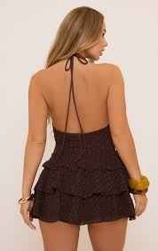 Ego - Halterneck Trim Detail Mini Dress In Brown Texture