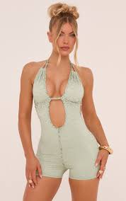 Ego - Plunge Halterneck Open Back Playsuit In Sage Green Lace