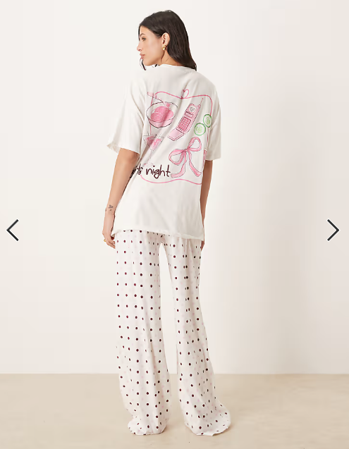ASOS DESIGN Tall oversized tee and wide leg trouser pyjama set in girls night graphic