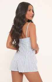 Ego - Strappy Trim Detail Micro Poplin Playsuit In Blue Stripe