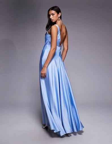 Jarlo Gwen satin one shoulder full skirt maxi dress in blue