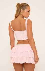 Ego - Square Neck Lace Up Front Detail Structured Corset Top In Baby Pink Lace